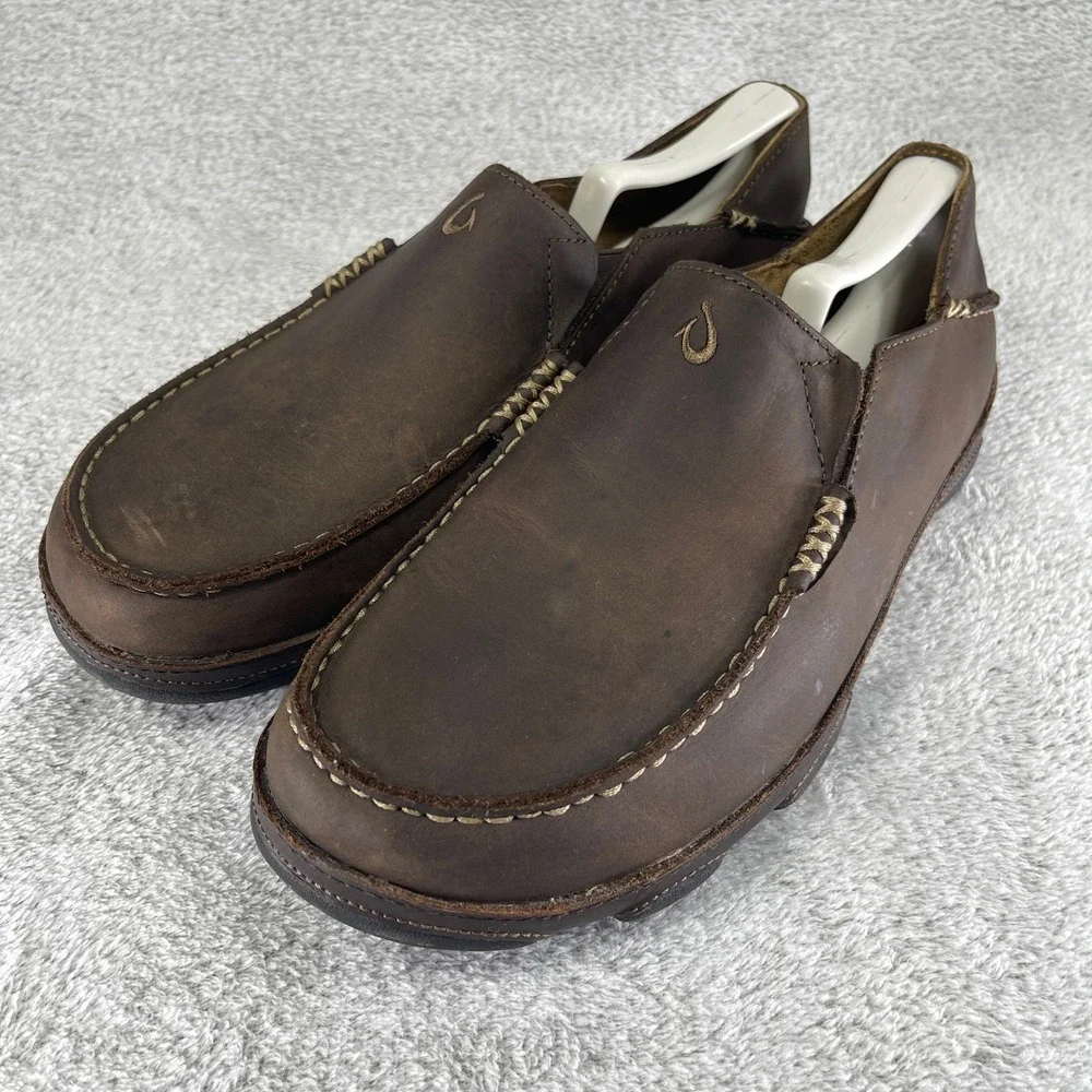 OluKai Moloa Slip On Shoes Men 9.5 Brown Leather Loafers Casual Drop-In Heel